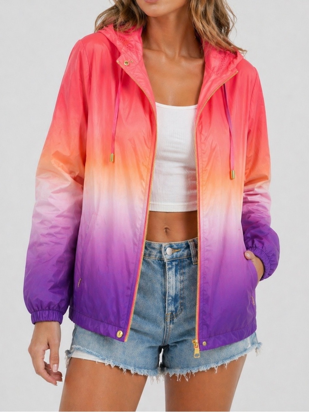 Chico’s Zenergy Ombre Hooded Lightweight Jacket Women Size 2 Large